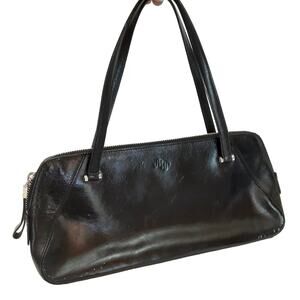 Vintage Y2K Black Baguette Handbag East West Genuine Leather Shoulder Bag Preppy
